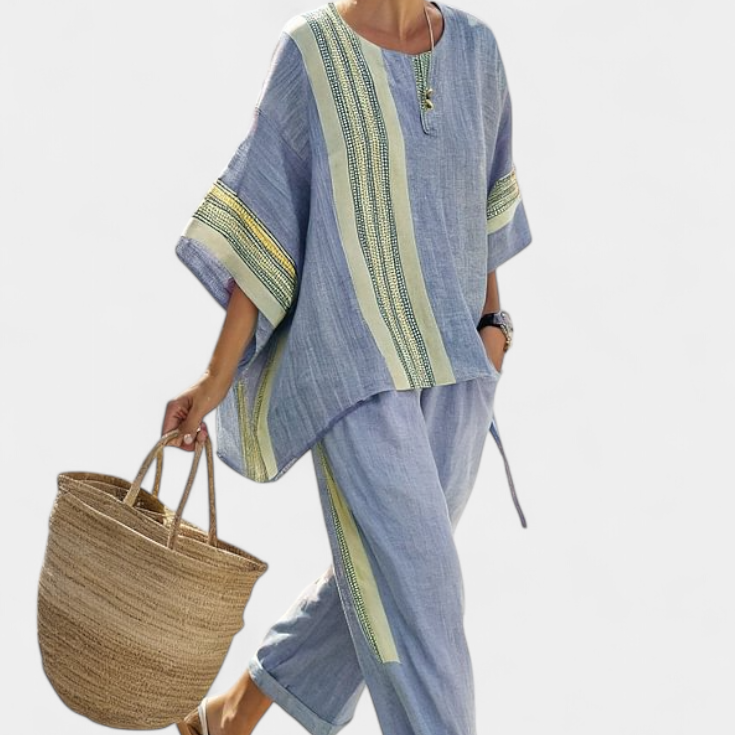 Комплект от ленен бамбук с очарователна лавандула и детайли в жълти ивици