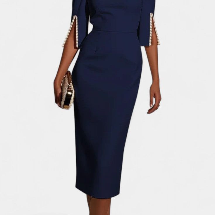 Весна Миди Рокля с Пърлени Детайли и Кръгло Деколте