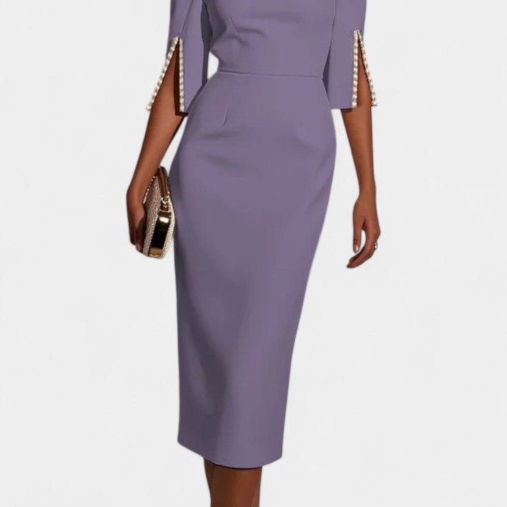 Весна Миди Рокля с Пърлени Детайли и Кръгло Деколте