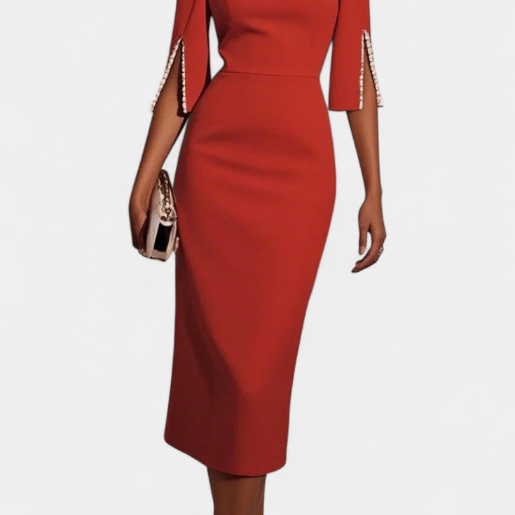 Весна Миди Рокля с Пърлени Детайли и Кръгло Деколте