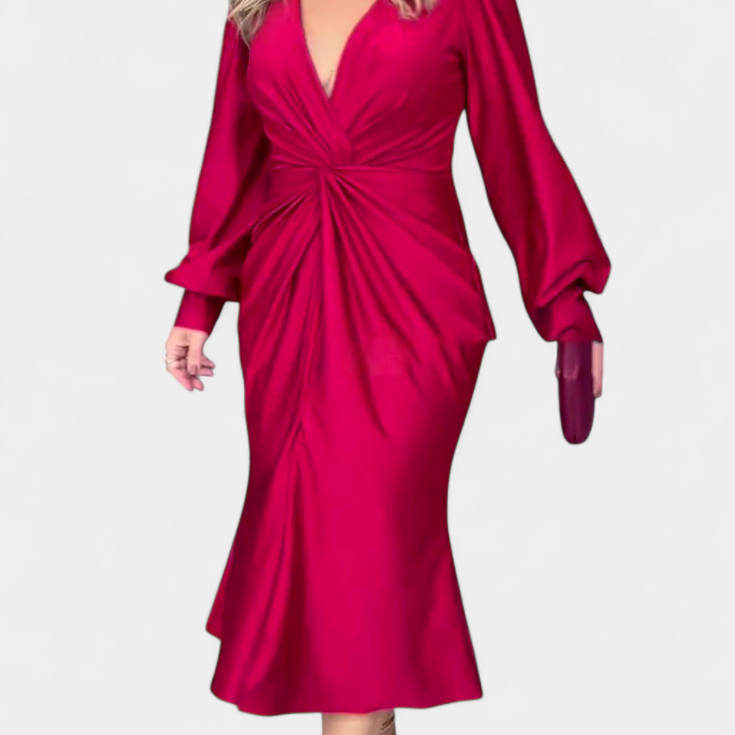 Лена Дълга Рокля с Дълги Ръкави и V-образно Деколте