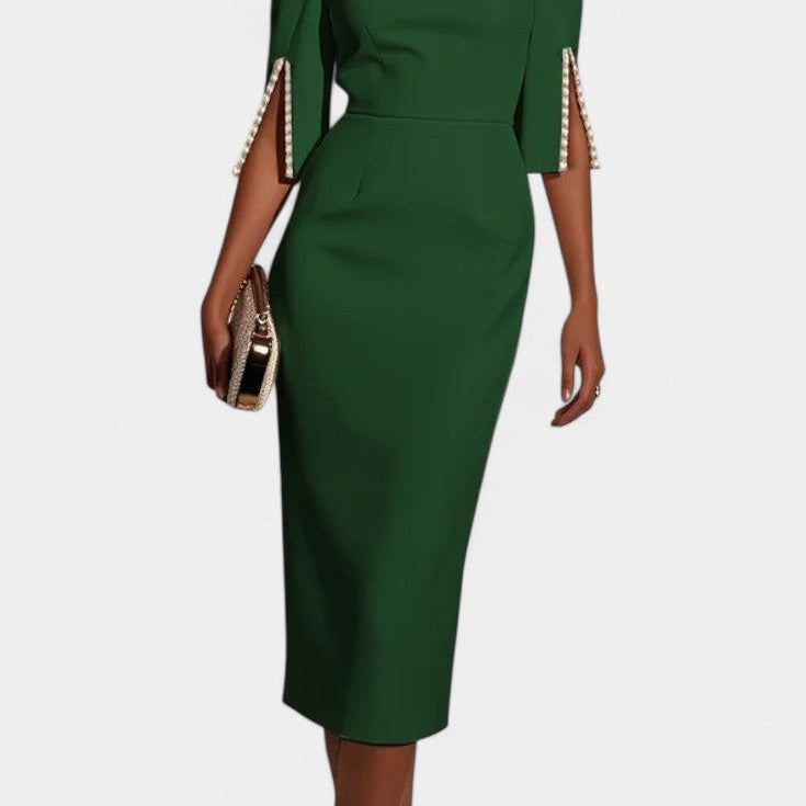 Весна Миди Рокля с Пърлени Детайли и Кръгло Деколте