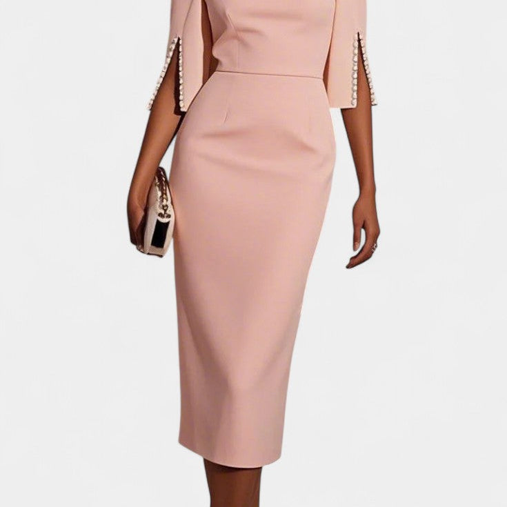 Весна Миди Рокля с Пърлени Детайли и Кръгло Деколте