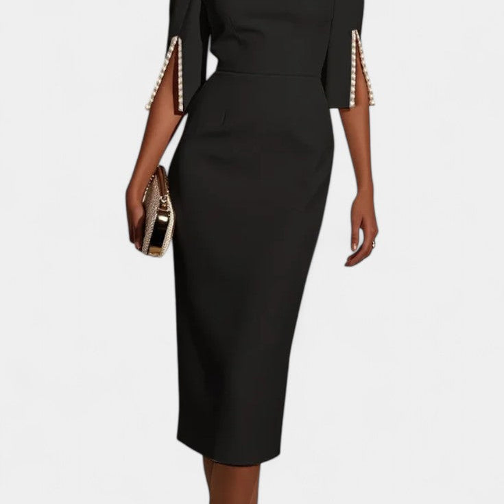 Весна Миди Рокля с Пърлени Детайли и Кръгло Деколте