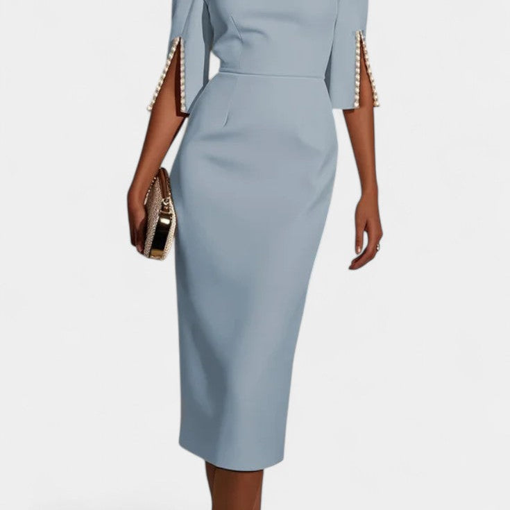 Весна Миди Рокля с Пърлени Детайли и Кръгло Деколте