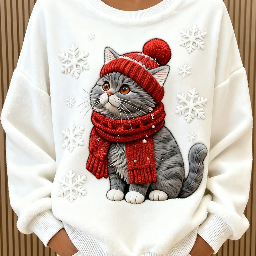Дамска Сладка Коледна Котка Арт Принт Свободна Фланелена Суитшърт